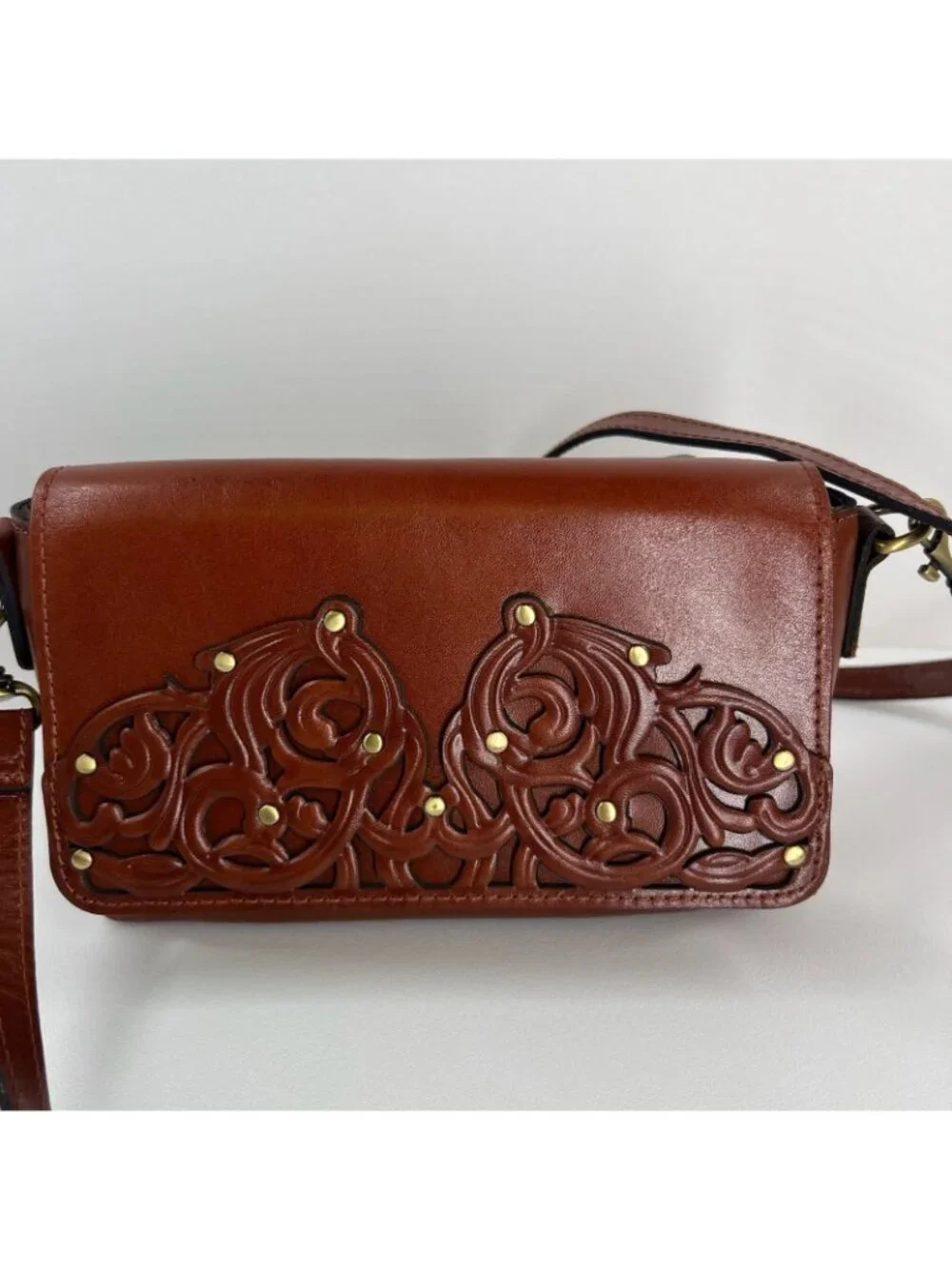 Patricia Nash Lille Studded Leather Crossbody Bag Filigree Tooled Floral Brown - Picture 3 of 13